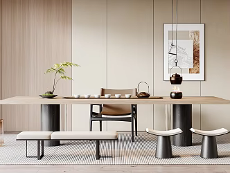 Tea Table and Chair Combination Stool Plant Tea Set Leisure Chair Hanging Picture 3d model