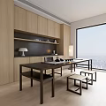 Modern Tea Table And Chairs With Wooden Cabinets Shelves Tea Utensils And Lamps