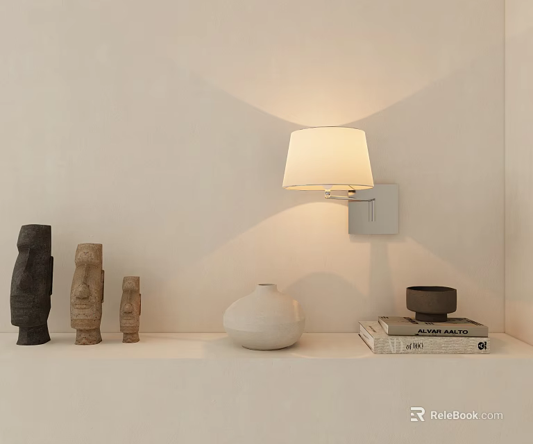 Minimalist Wall Sconce with White Shade Wooden Figurines White Vase and Books on Shelf 3d model 