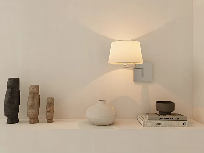 Minimalist Wall Sconce with White Shade Wooden Figurines White Vase and Books on Shelf 3d model
