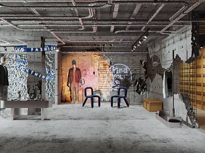 Modern Clothing Store Interior With Exposed Ceiling Blue Chairs Find Sign Wall Decor And Mannequins 3d model