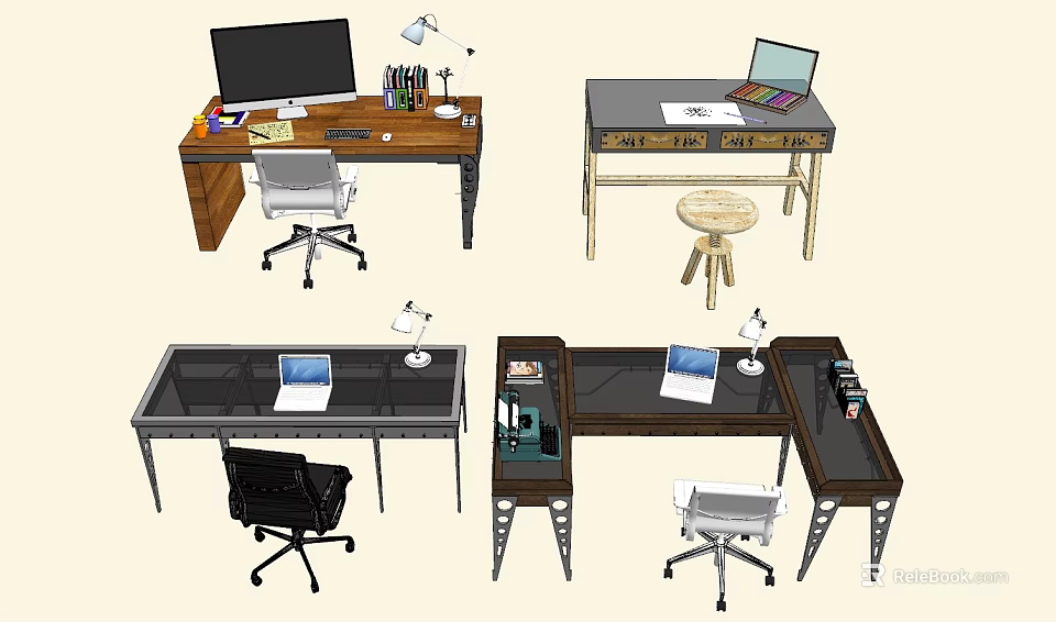Different Style Desks Featuring Laptop Monitor Lamp Stationery and Chair Stool 3d model 