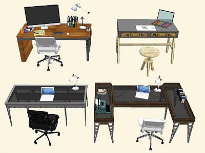 Different Style Desks Featuring Laptop Monitor Lamp Stationery and Chair Stool 3d model