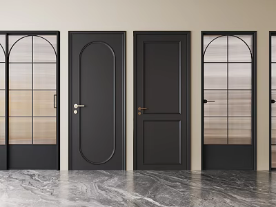 Black Hinged Doors With Various Designs Glass Panels And Marble Floor Interior 3d model