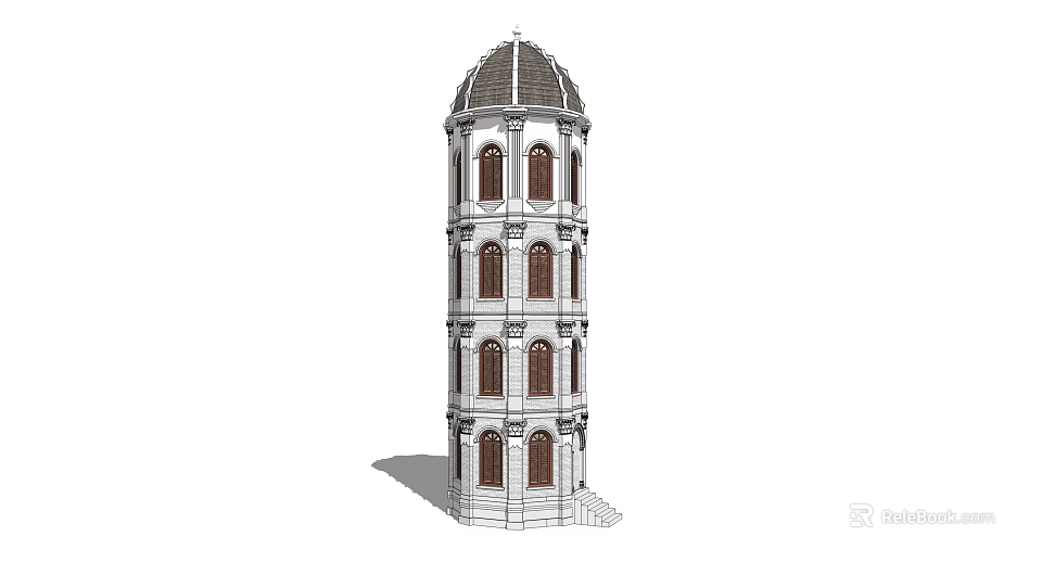 Classical Multi Story Tower Featuring White Exterior Arched Windows And Dome Roof 3d model 