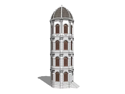 Classical Multi Story Tower Featuring White Exterior Arched Windows And Dome Roof 3d model