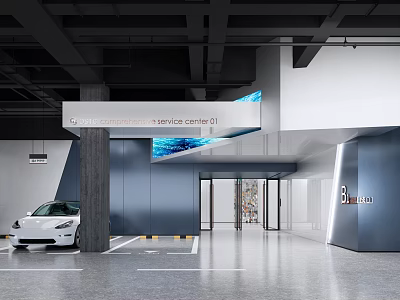 Modern Parking Lot Design With White Car Blue Wall And Directional Signage 3d model