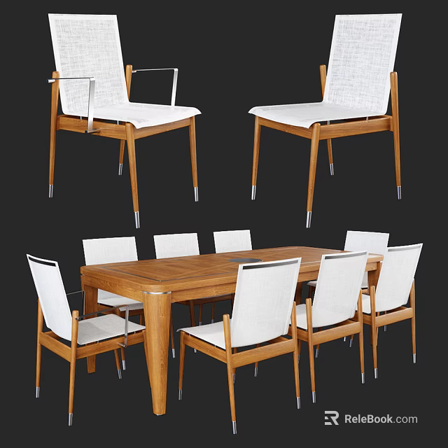 Modern Dining Table Set With White Upholstered Chairs And Wooden Frame 3d model