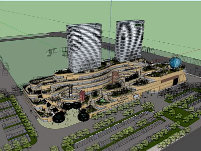 Modern Commercial Complex Featuring Twin High Rise Buildings Retail Spaces Landscaped Areas And Parking 3d model