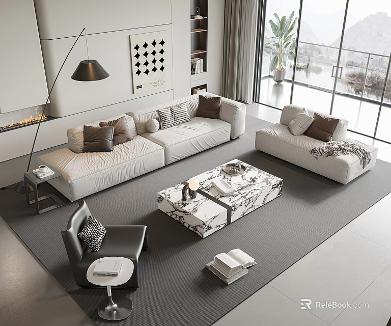 Modern Sofa Coffee Table Set With Beige Upholstery Marble Top Multiple Pillows And Floor Lamp 3d model 