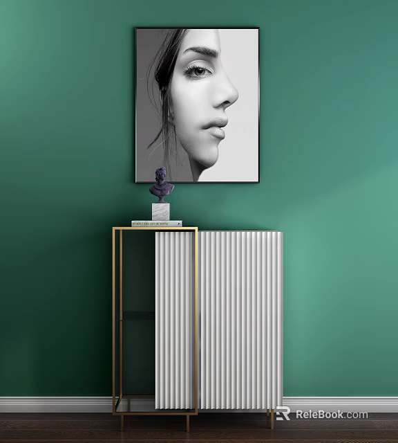 White Striped Entryway Console Table With Golden Frame Purple Sculpture And Book On Green Wall 3d model 