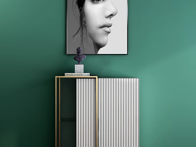 White Striped Entryway Console Table With Golden Frame Purple Sculpture And Book On Green Wall 3d model