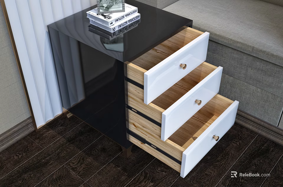 Modern Chest of Drawers With Black Top White Open Drawers And Wooden Interior 3d model 