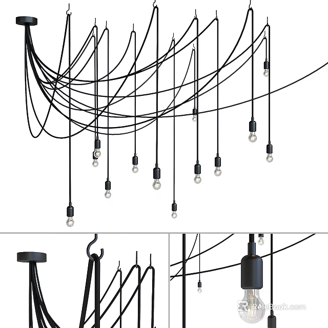 Stylish Modern Pendant Light Fixture With Hanging Black Wires And Multiple Bulbs 3d model 