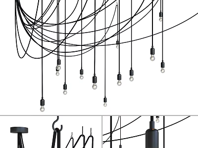Stylish Modern Pendant Light Fixture With Hanging Black Wires And Multiple Bulbs 3d model