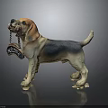 Standing Dog Sculpture With Brown Black White Fur Holding Hotel Sign In Mouth
