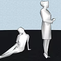 Two Women In Spacious Room One Sitting On Dark Floor And One Standing In Suit