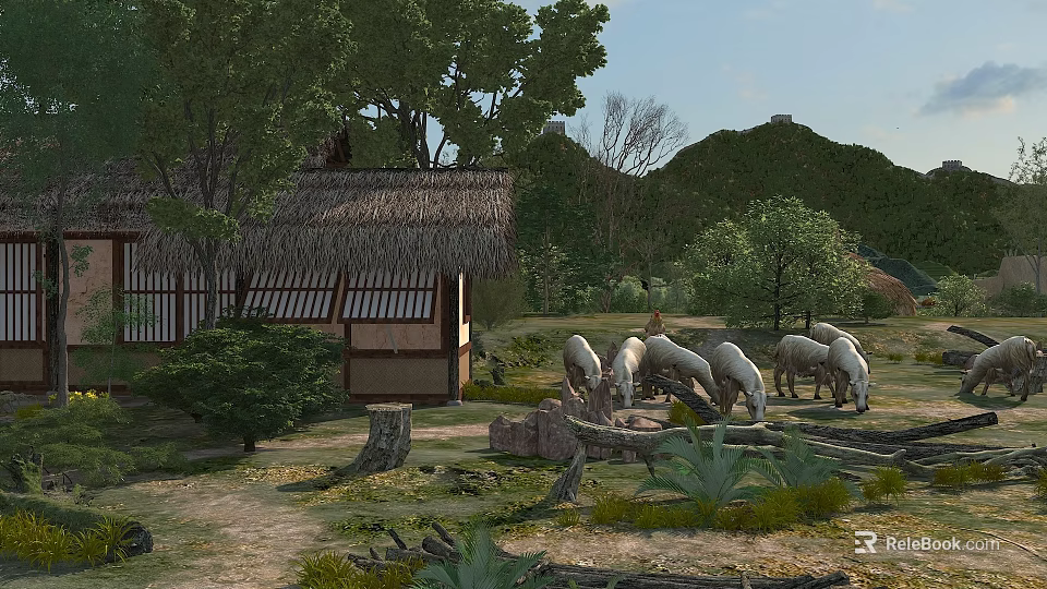 Peaceful Idyllic Rural Landscape With Traditional Thatched Cottage Grazing White Sheep And Lush Green Hills 3d model 