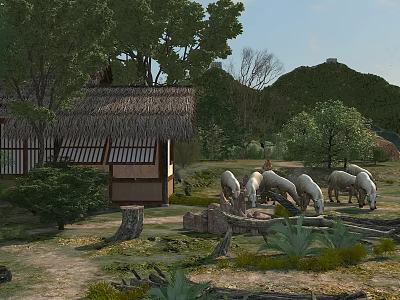 Peaceful Idyllic Rural Landscape With Traditional Thatched Cottage Grazing White Sheep And Lush Green Hills 3d model