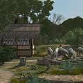 Peaceful Idyllic Rural Landscape With Traditional Thatched Cottage Grazing White Sheep And Lush Green Hills