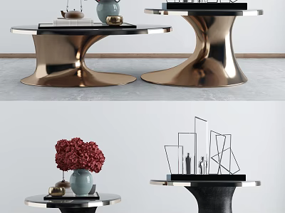 Stylish Modern Coffee Table With Metal Base Black Top And Decorative Red Flowers Geometric Ornaments 3d model