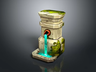 Decorative Stone Fountain Ornament With Flowing Water And Green Plants For Garden 3d model