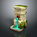 Decorative Stone Fountain Ornament With Flowing Water And Green Plants For Garden