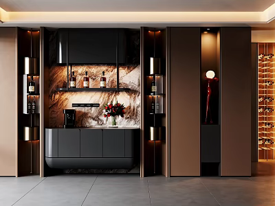 Elegant Modern Sideboard With Marble Countertop Wine Rack And Decorative Lighting 3d model