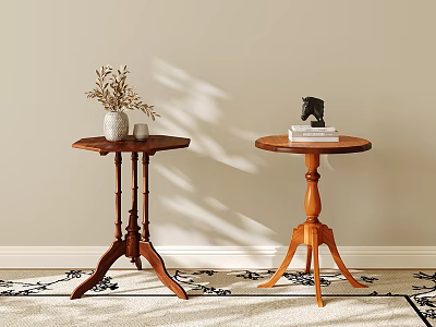 Vintage Wooden Side Tables with Vase Dried Flowers Horse Figurine and Sunlight on Rug 3d model