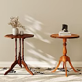 Vintage Wooden Side Tables with Vase Dried Flowers Horse Figurine and Sunlight on Rug
