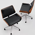 Modern Swivel Table and Chair Set with Wooden Backrest Black Leather Seat Metal Caster Base