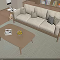 Modern Beige Sofa With Cushions And Wooden Coffee Table Set On Striped Rug