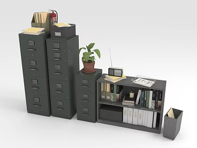 Green Filing Cabinets And Storage Cabinet With Potted Plant Books Radio And Documents 3d model