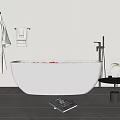 White Bathtub with Red Petals Hanging White Robe Towel Rack Side Table and Green Plant