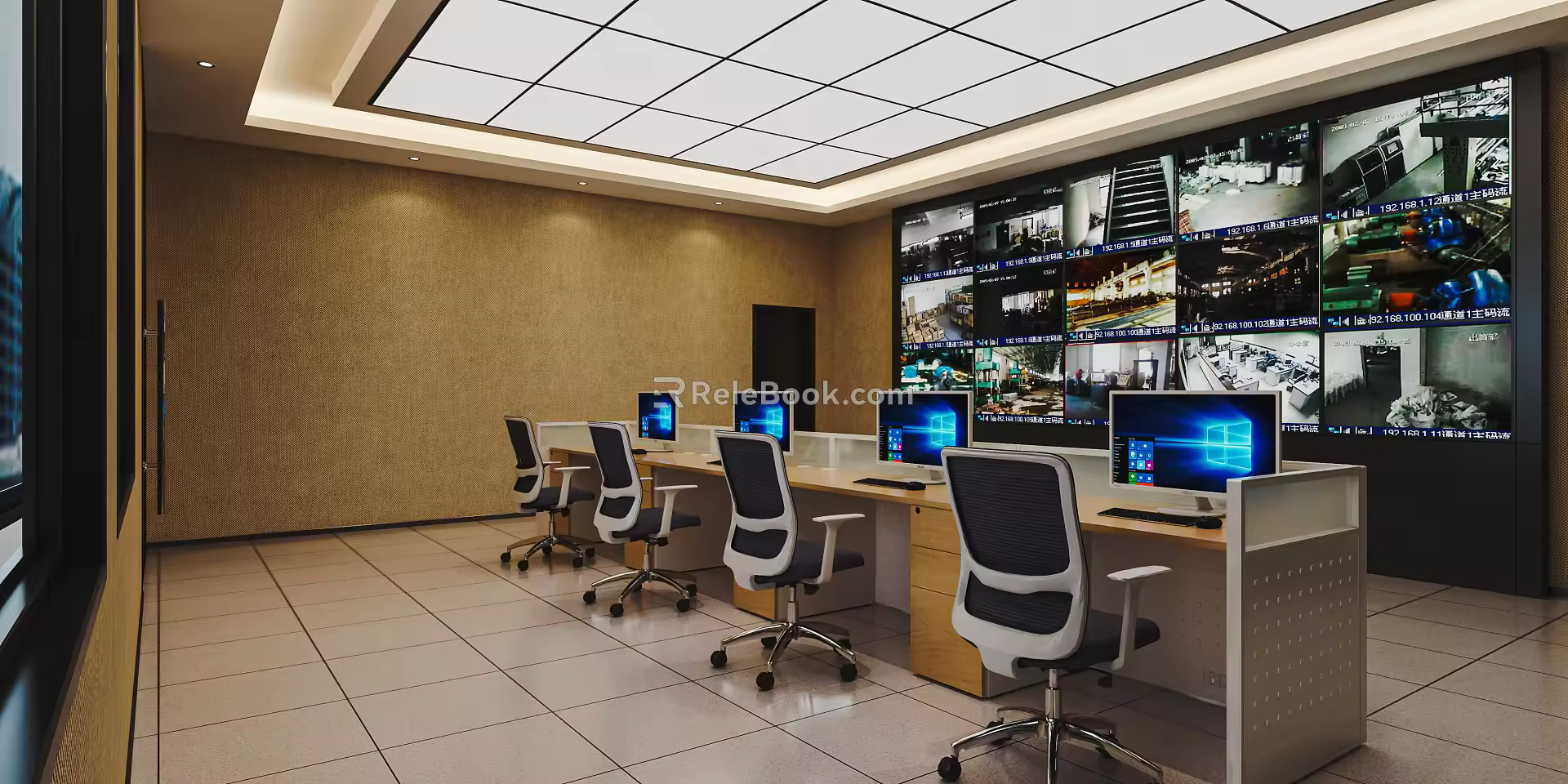 Modern monitoring room Command control room Monitoring hall Dispatching command center Office desk and chair 3d model