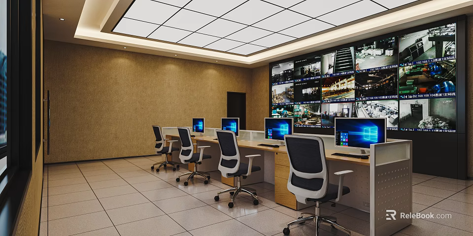 Monitoring Room Interior With Multiple Surveillance Screens Work Desks And Swivel Chairs 3d model 