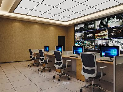 Monitoring Room Interior With Multiple Surveillance Screens Work Desks And Swivel Chairs 3d model