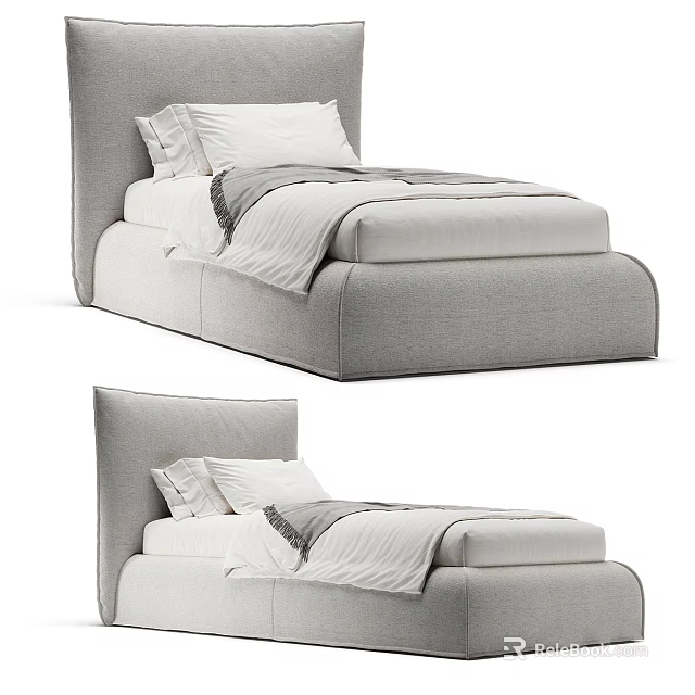 Modern Single Bed With Gray Upholstered Headboard And White Bed Linens 3d model 