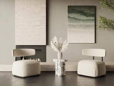 Modern Minimalist Casual Sofa Set With Beige Chairs Side Table And Decorative Paintings 3d model