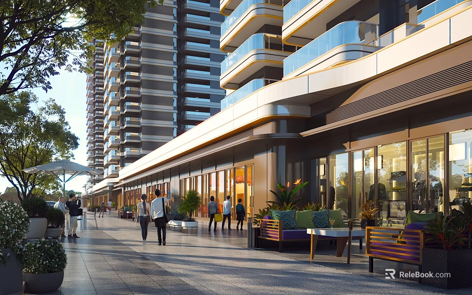Modern Commercial Street With High-Rise Buildings Pedestrians Outdoor Seating Greenery And Shops 3d model 
