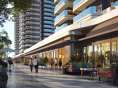 Modern Commercial Street With High-Rise Buildings Pedestrians Outdoor Seating Greenery And Shops 3d model