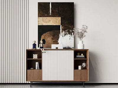 Modern Entryway Console Side Cabinet With Wooden Frame White Doors And Decorative Vases 3d model