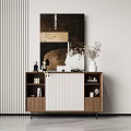 Modern Entryway Console Side Cabinet With Wooden Frame White Doors And Decorative Vases