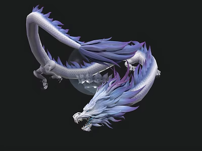 Flying Mythical Dragon with White and Purple Scales Flowing Mane in Flight 3d model