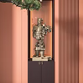 Geometric Cube Block Terracotta Warrior Sculpture Carving With Pink Vertical Stripe Background And Display Cabinet