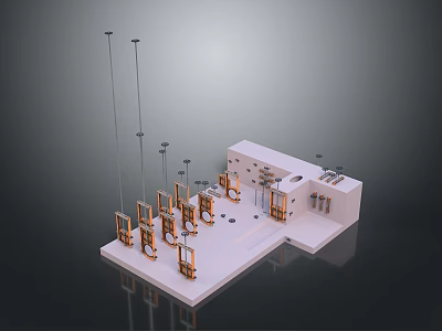 Precision 3D Mechanical Model With White Base And Golden Copper Columnar Structures 3d model
