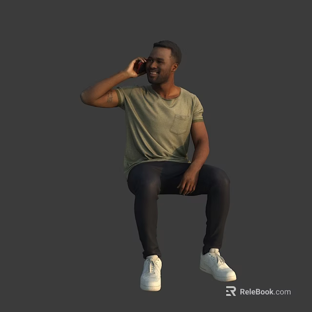 Man Sitting And Talking On Phone Wearing Green T Shirt Dark Pants White Sneakers 3d model 
