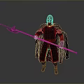 Helmeted Man Standing In Metal Armor With Red Cape Holding Long Spear