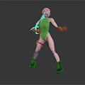 Dynamic Female Character In Green Bodysuit With Red Hat Gloves And Black Boots Pose