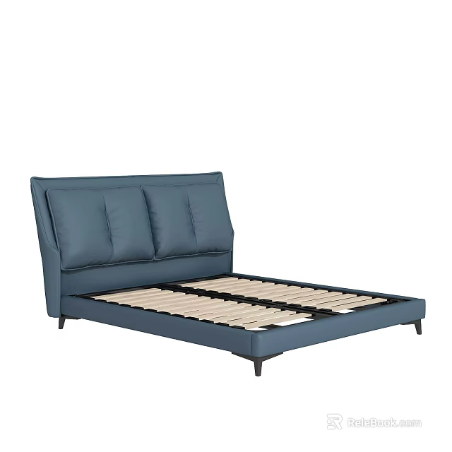 Navy Blue Upholstered Double Bed With Padded Headboard And Slat Support Frame 3d model 